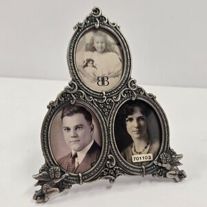 Vintage Ornate Triple Photo Frame Cherub Angel Metal Tri Fold Victorian Style
